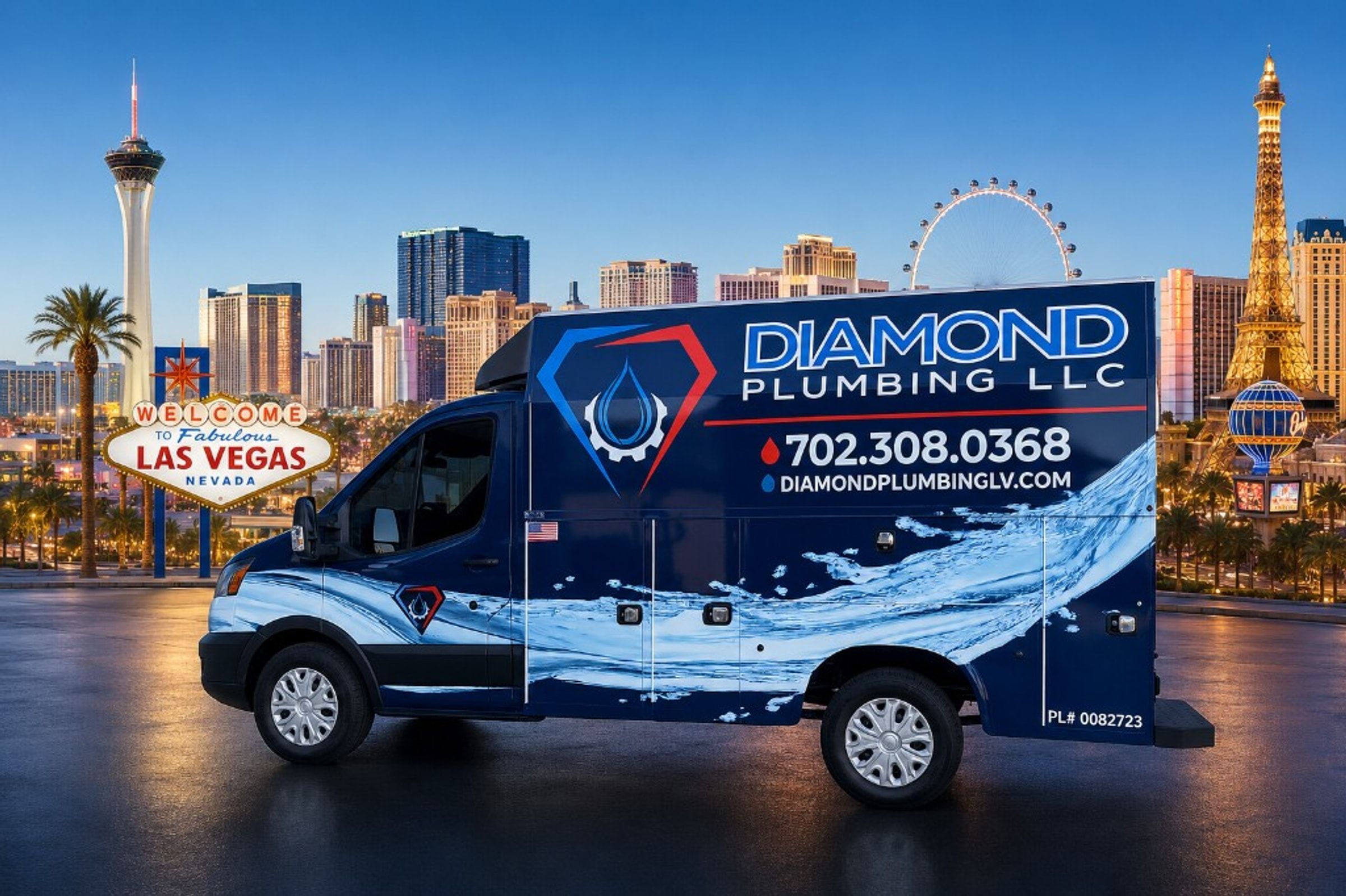 Diamond Plumbing LLC service van in front of the Las Vegas skyline
