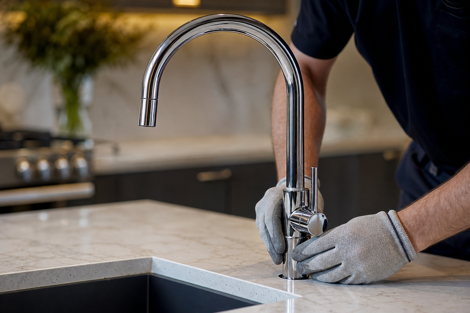 Plumber installing a kitchen faucet